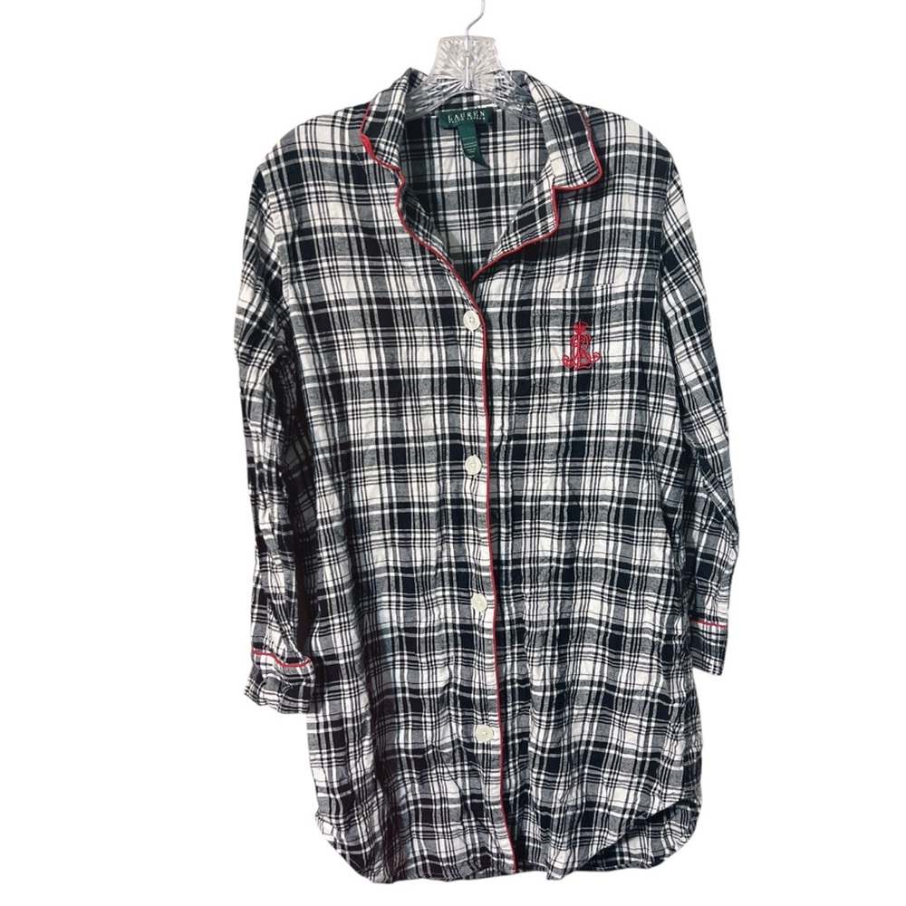 Lauren Ralph‎ Lauren Black & White Cotton Flannel Plaid Button Down Sleep Shirt